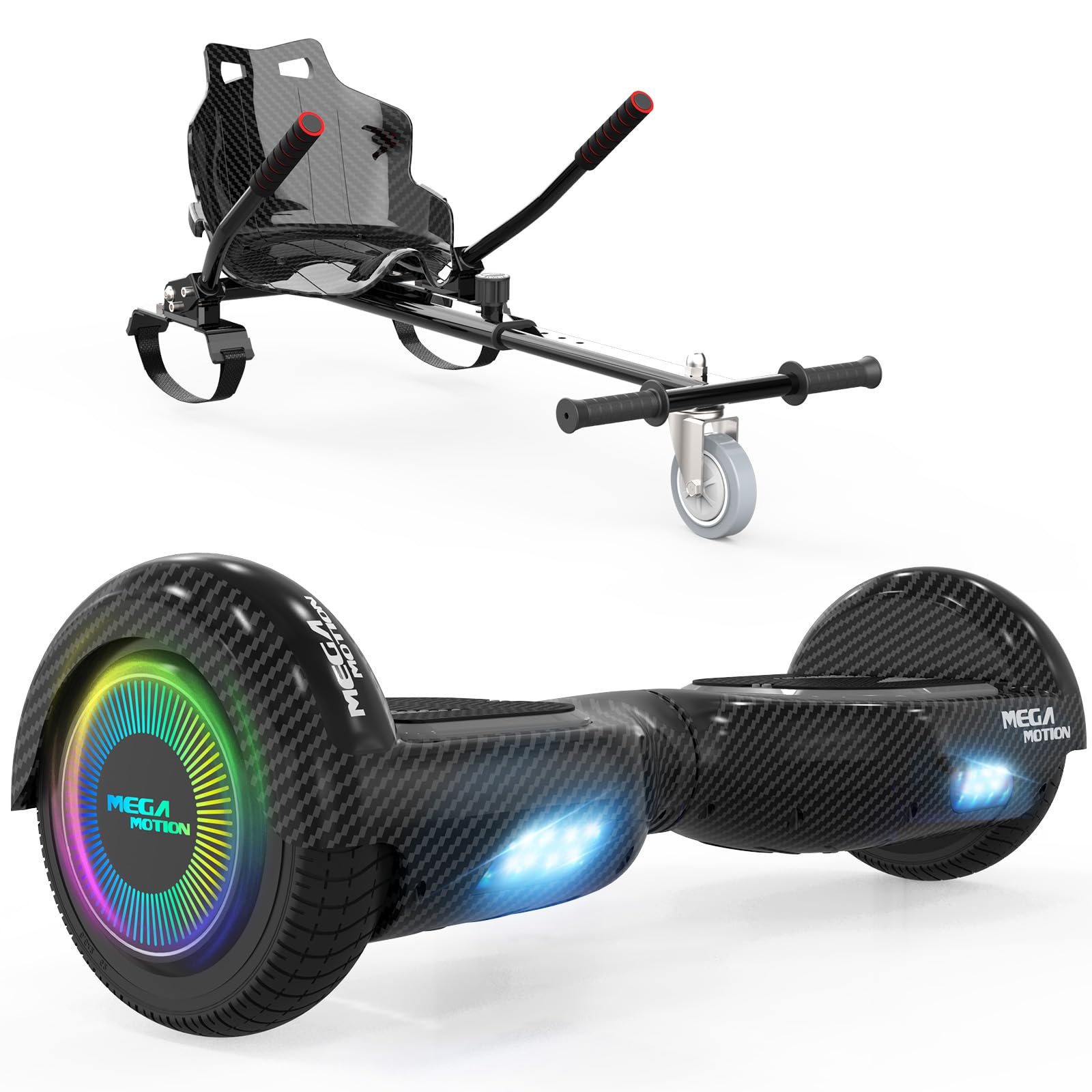 MEGA MOTION Hoverboard 6,5 Zoll mit Hoverkart-Sitz – Bluetooth, LED-Leuchten, Self-Balancing, starker Motor, Geschenk für Kinder