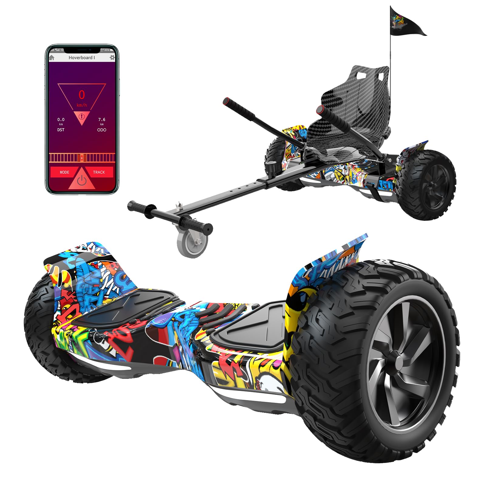 RCB Hoverboard Off-Road 8,5 Zoll + Hoverkart Go-Kart Set – Bluetooth, App, Self-Balancing, Geschenk für Kinder & Jugendliche