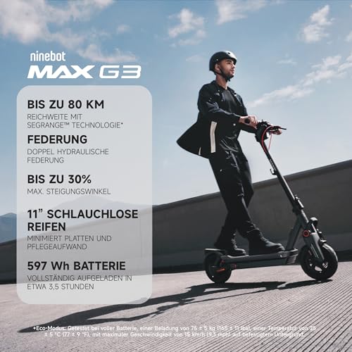 Segway-Ninebot MAX G3 D E-Scooter mit deutscher Straßenzulassung – 80 km Eco-Reichweite, 20 km/h, hydraulische Doppelfederung, 130 kg, Smart Display